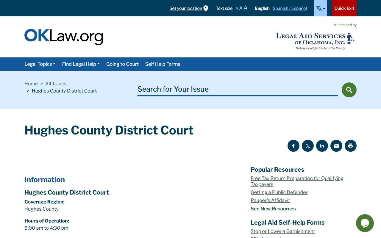 Hughes County Court Clerk contact and court records listing