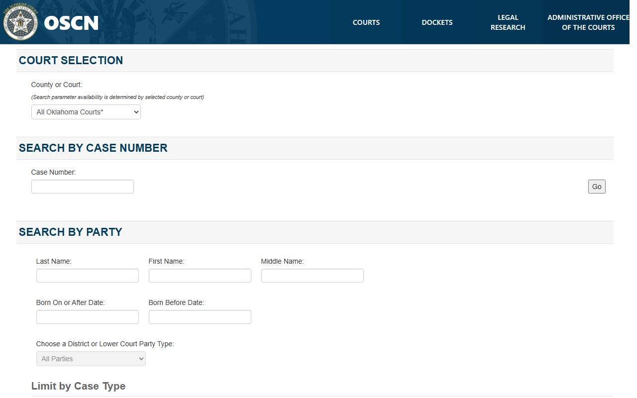 Hughes County court docket search on the OSCN advanced search page