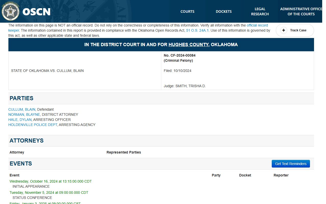 Hughes County criminal court record sample on OSCN