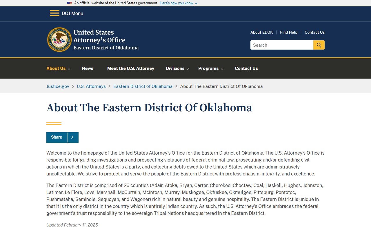 Hughes County District Court federal prosecutions and the Eastern District U.S. Attorney