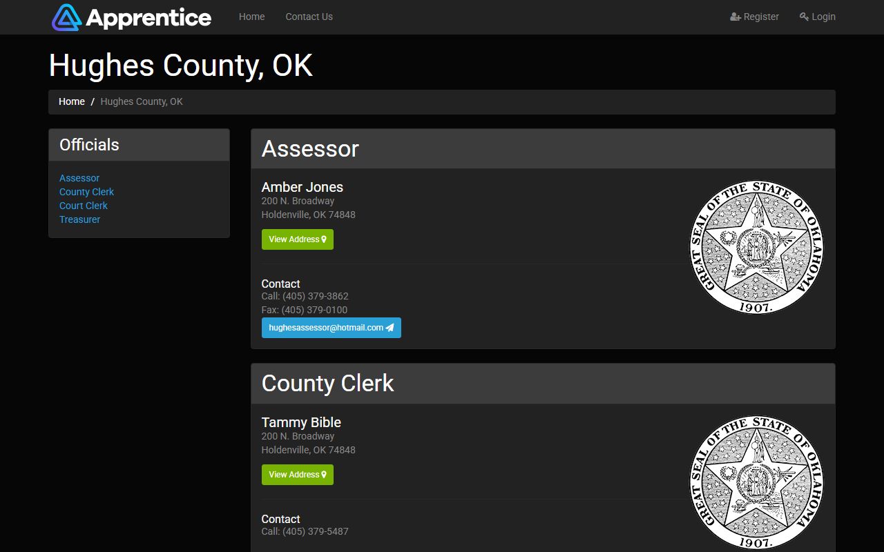 Hughes County court records county officials and clerk listing
