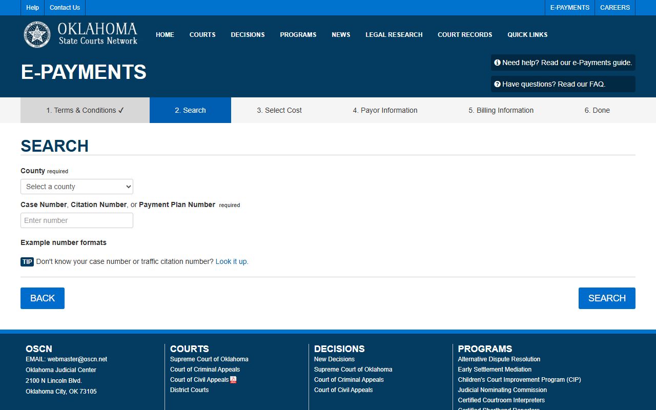 Hughes County court records OSCN e-payments search page