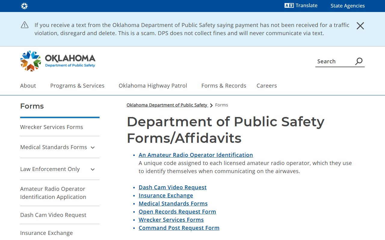 Hughes County traffic collision report forms on the Oklahoma DPS site