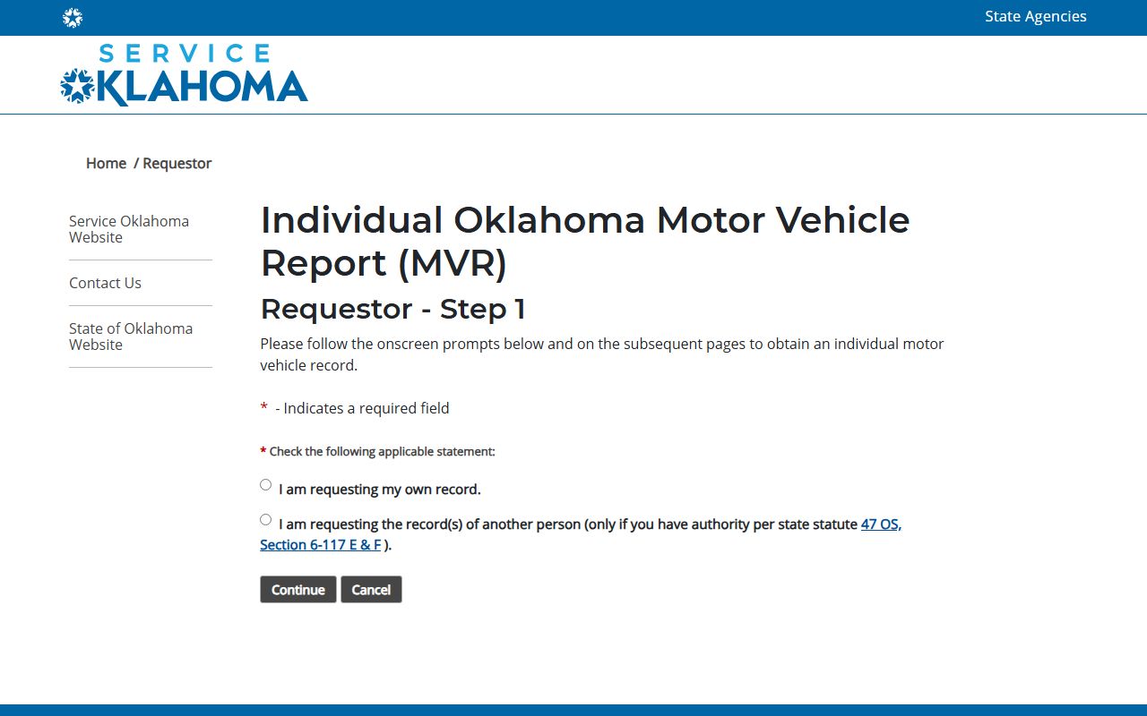 Hughes County driver records request on the Service Oklahoma MVR portal