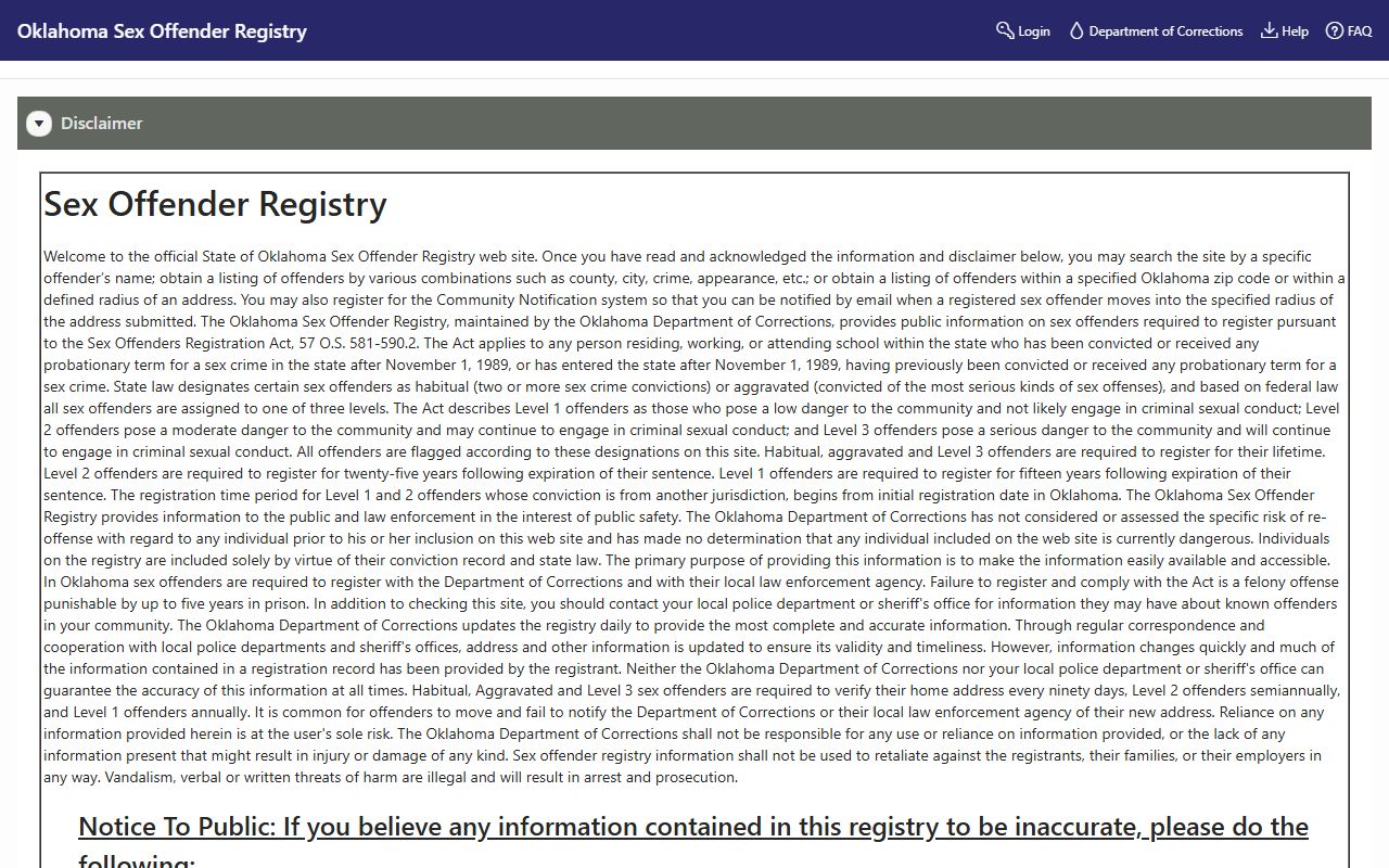 Hughes County warrant search support on the Oklahoma Sex and Violent Offender Registry